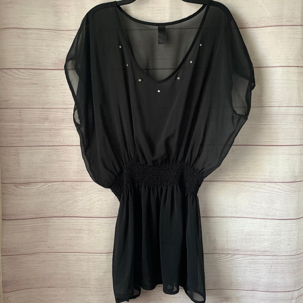 Black Sheer Swimsuit Cover Up Dress or Tunic with Rhinestones and Elastic Waist